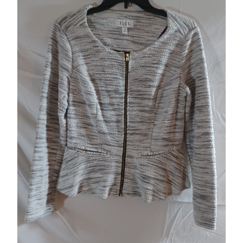 Elle Full Zip Sweater Boat Neck Long Sleeve Knit Peplum Womens Size 10 R…